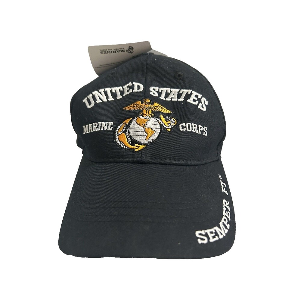 NWT USMC  Embroidered Semper Fi Black Licensed Adj Trucker Hat/Ball Cap Globe